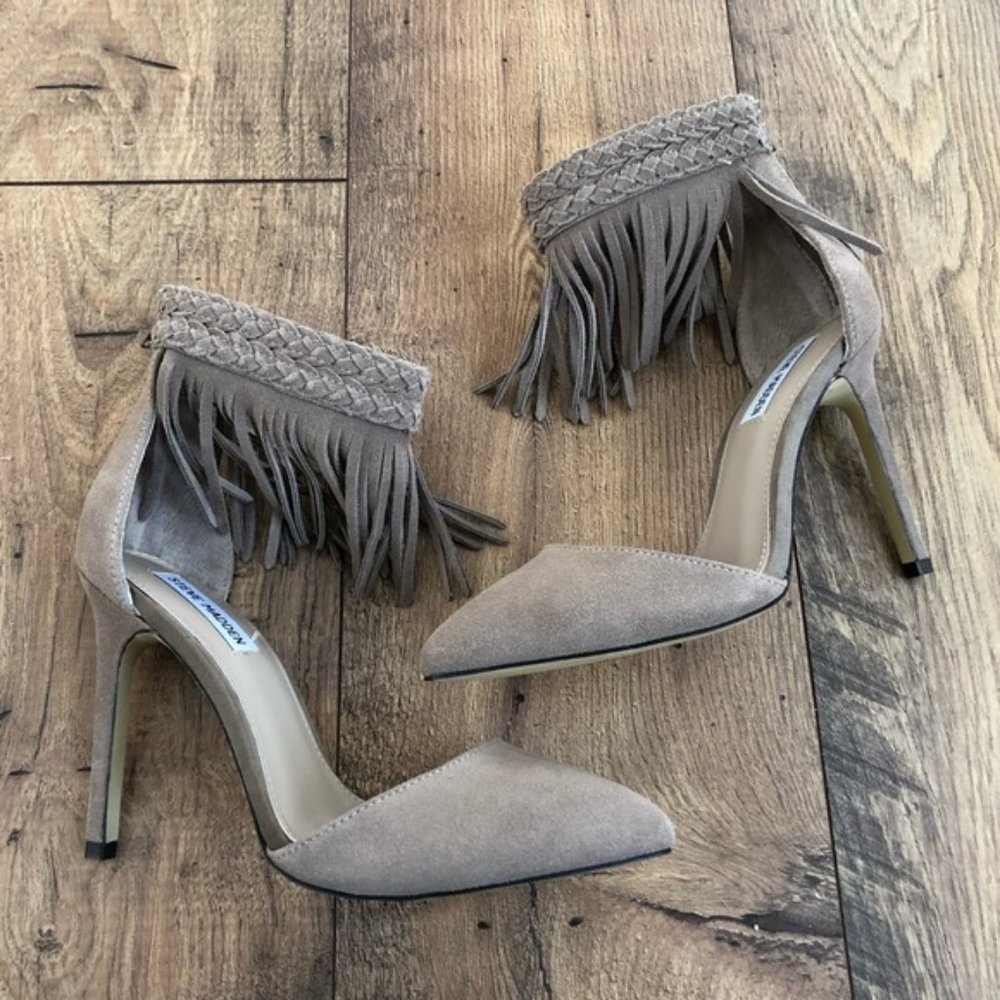 SOLD New Steve Madden Melia Fringe Heels Taupe - Picture 5 of 8